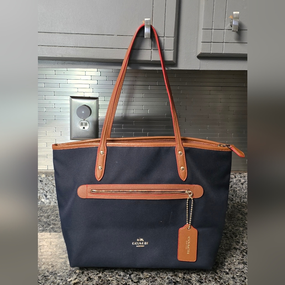 Coach Sawyer Canvas Tote, Navy color with Tan Leather Trim